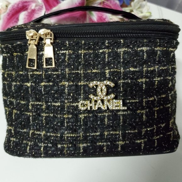 Upcycled Handbags - Black & Gold Shimmer Tweed Cosmetic Case, Crystal Brooch, New